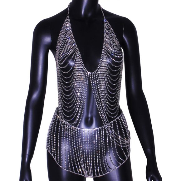 Rhinestone Skirt and Top Set Bra Womens Thong Crystal Chain Dress Body jewelry - Picture 3 of 7